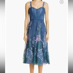 Marchesa Notte Pleated embroidered point d'esprit dress Floral embroidered lace